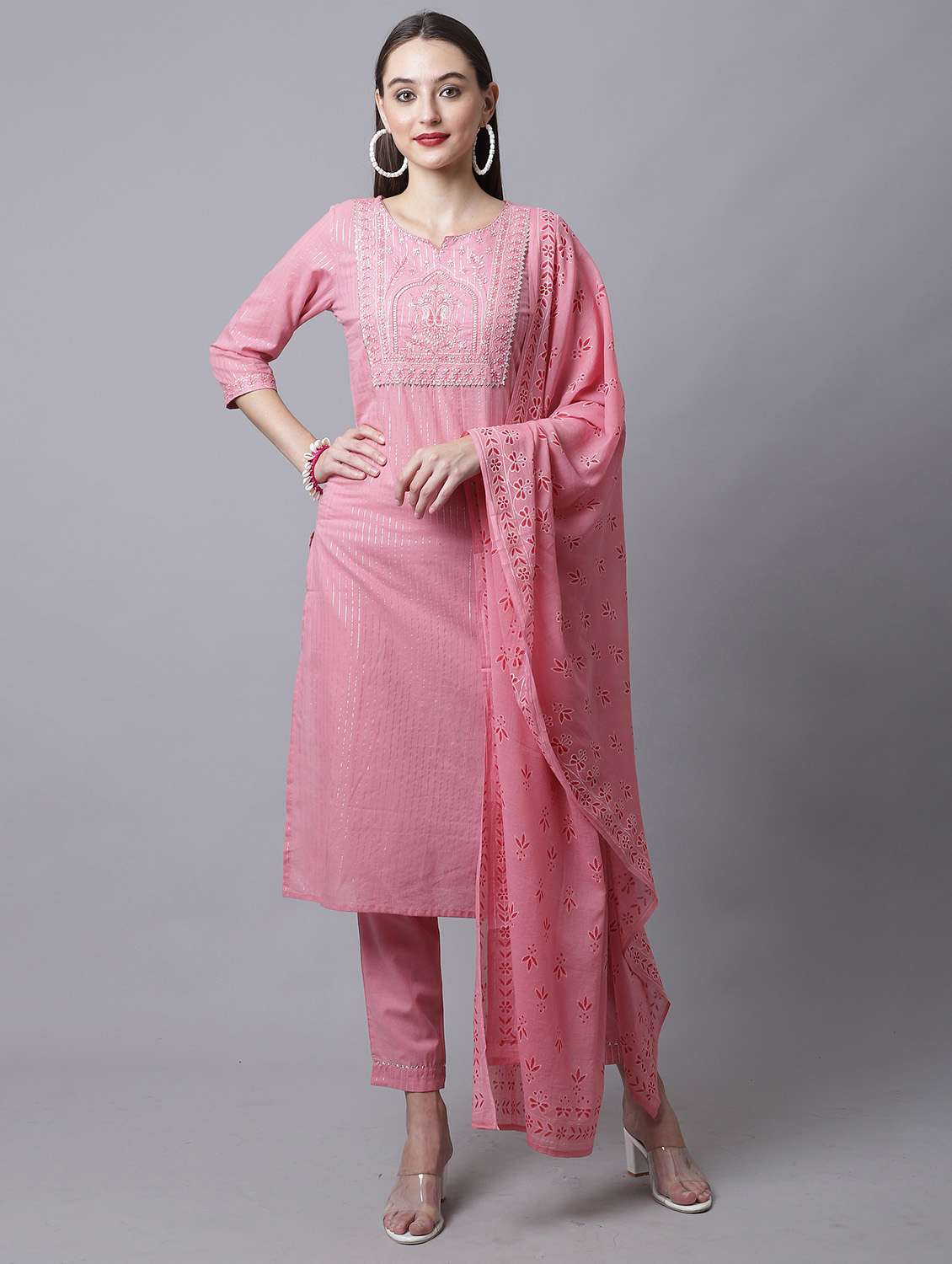 women three quarter sleeve kurta pant with dupatta set