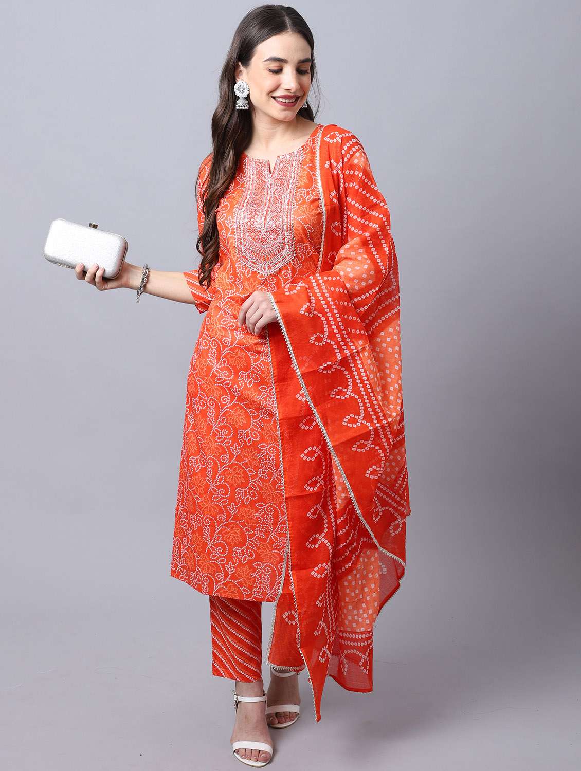 women bandhani printed kurta pant with dupatta set