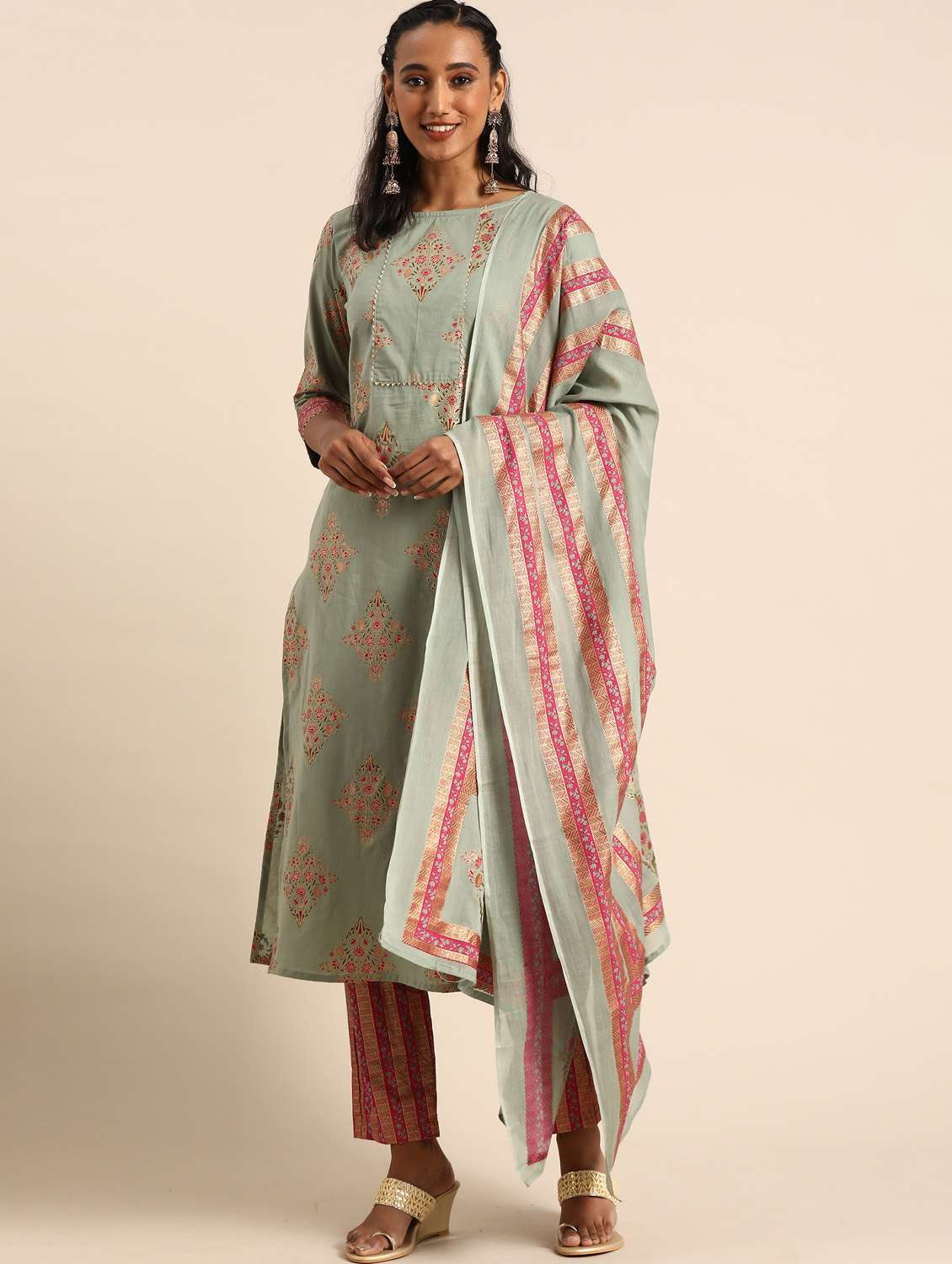 women printed three quarter sleeves suit set - 21558387 -  Standard Image - 1