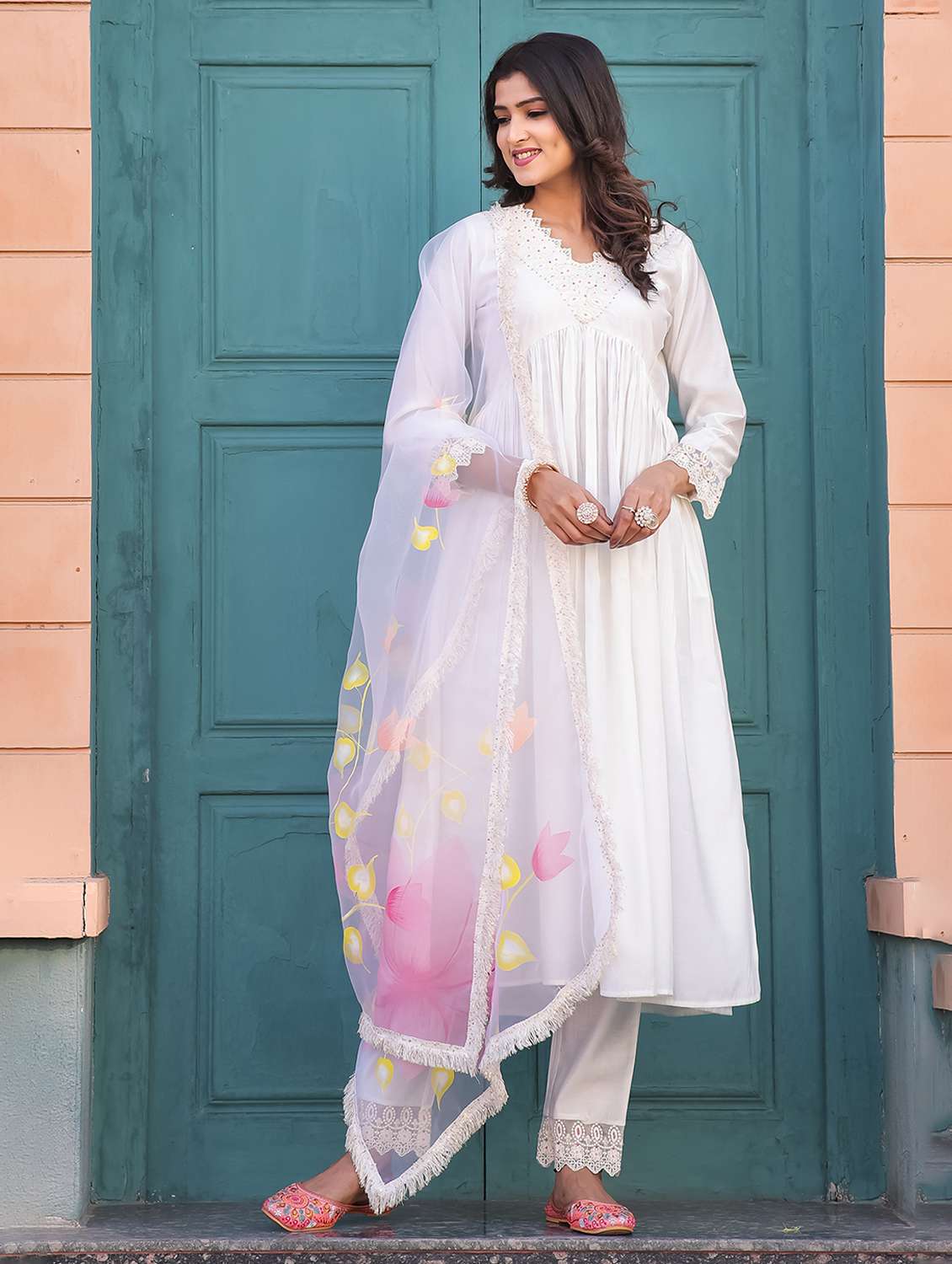 women solid v neck kurta pant set with dupatta