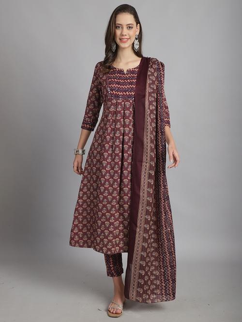 women three quarter sleeve anarkali kurta pant with dupatta set - 21558487 - Standard Image - 0