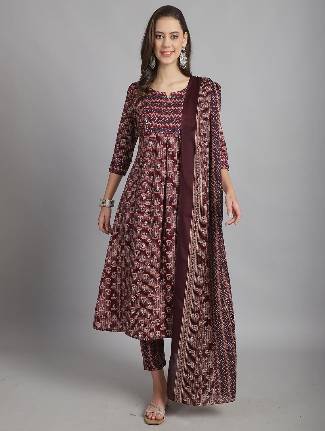 women three quarter sleeve anarkali kurta pant with dupatta set