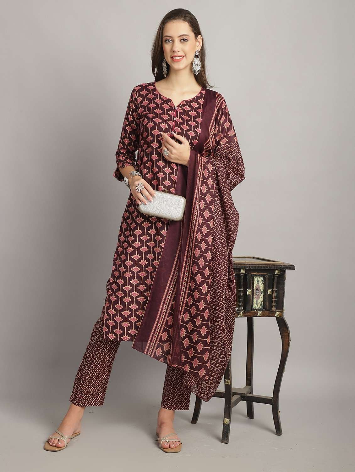 women three quarter sleeve kurta pant with dupatta set