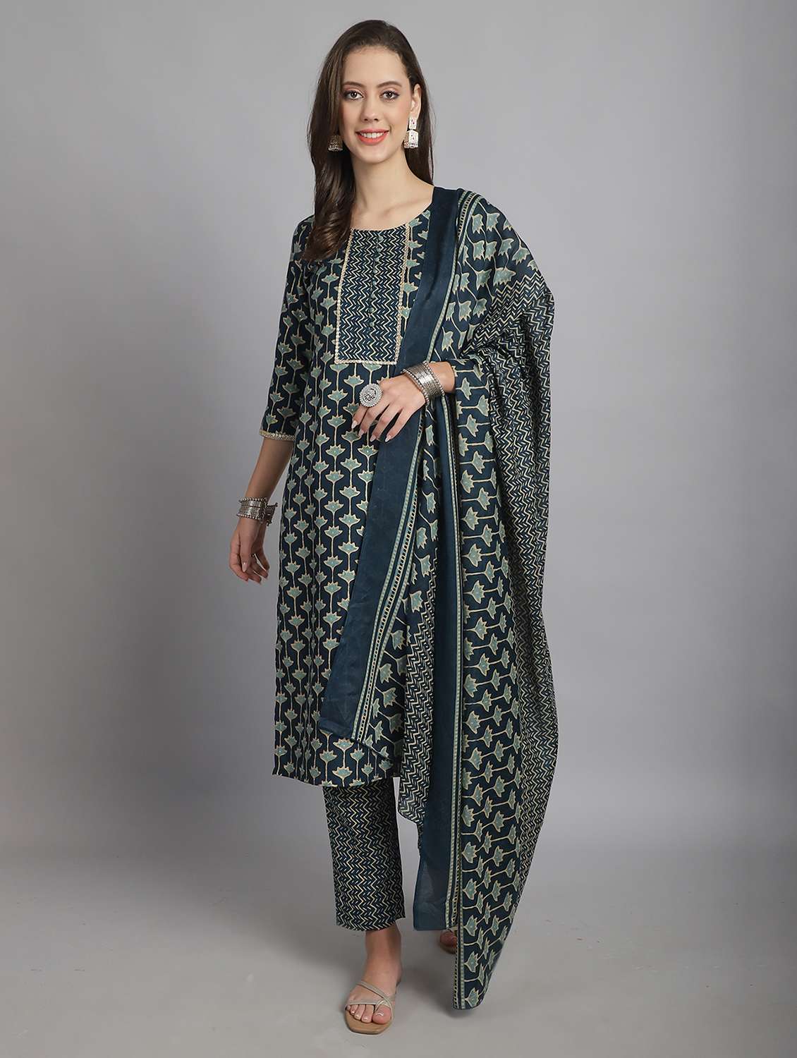 women navy blue printed kurta pant set with dupatta - 21558499 -  Standard Image - 1