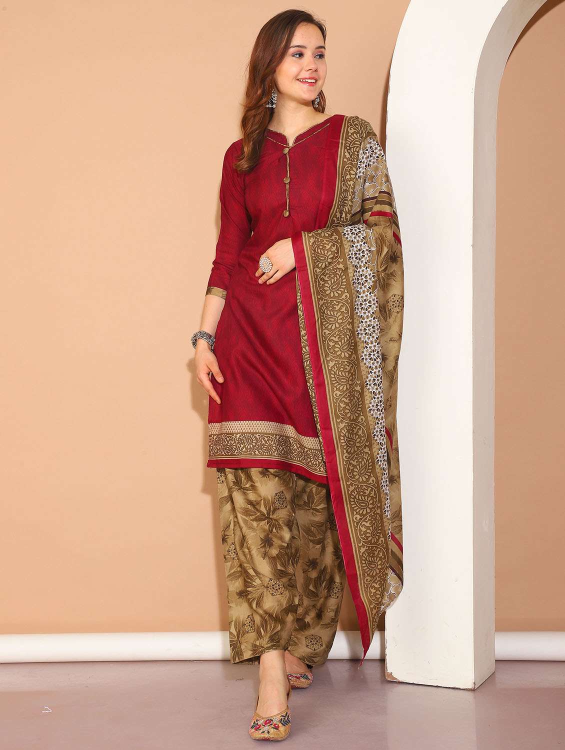 women three quarter sleeve kurta salwar with dupatta set - 21558519 -  Standard Image - 1