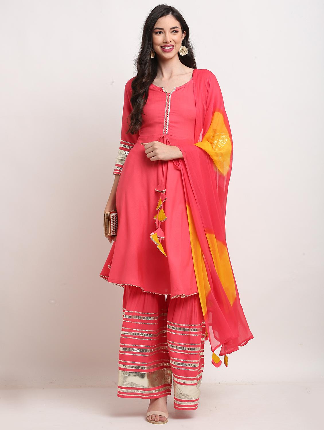 women three quarter sleeve kurta sharara with dupatta set - 21558564 - Standard Image - 1