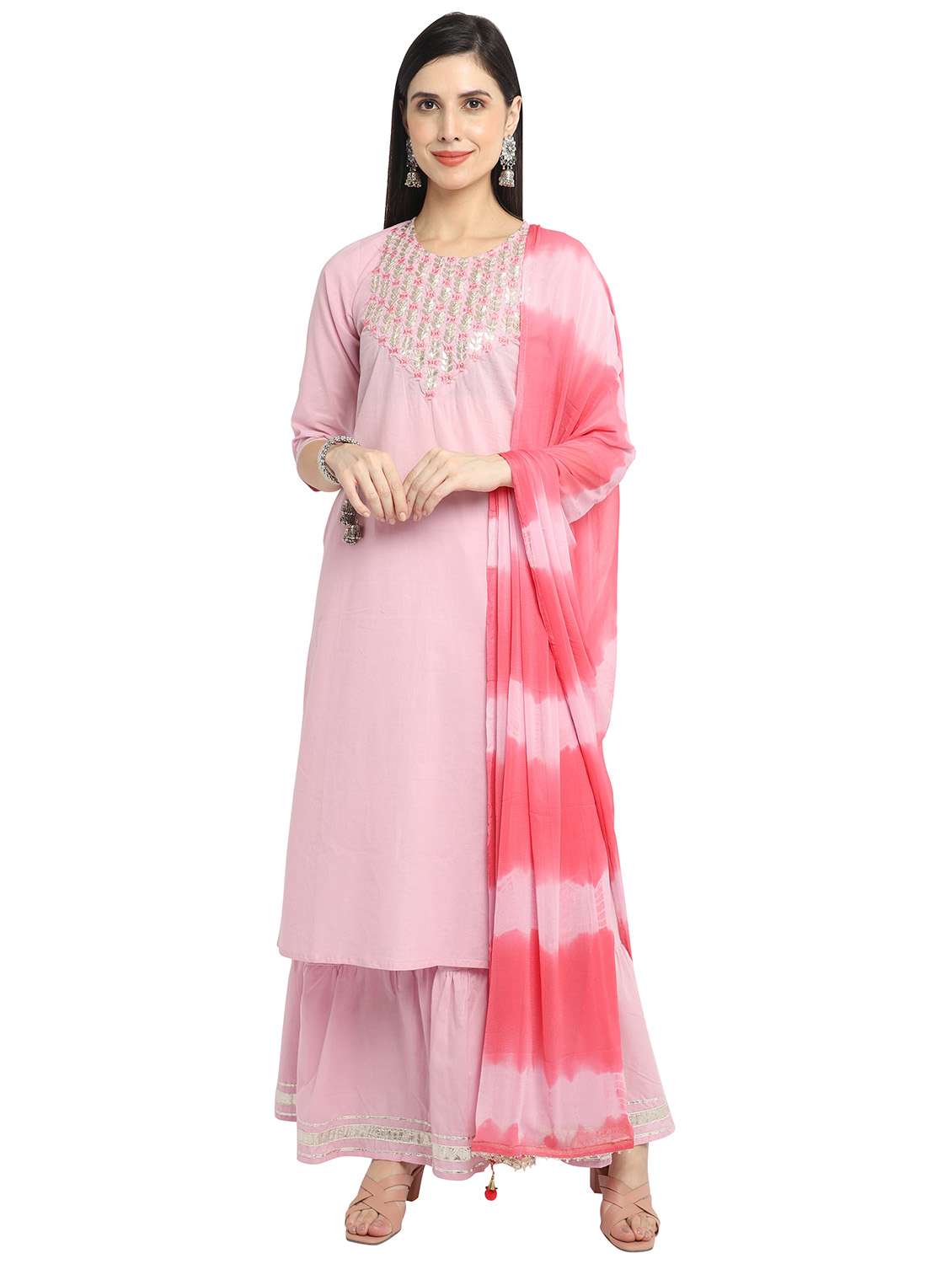 women three quarter sleeve kurta sharara with dupatta set - 21558588 -  Standard Image - 1