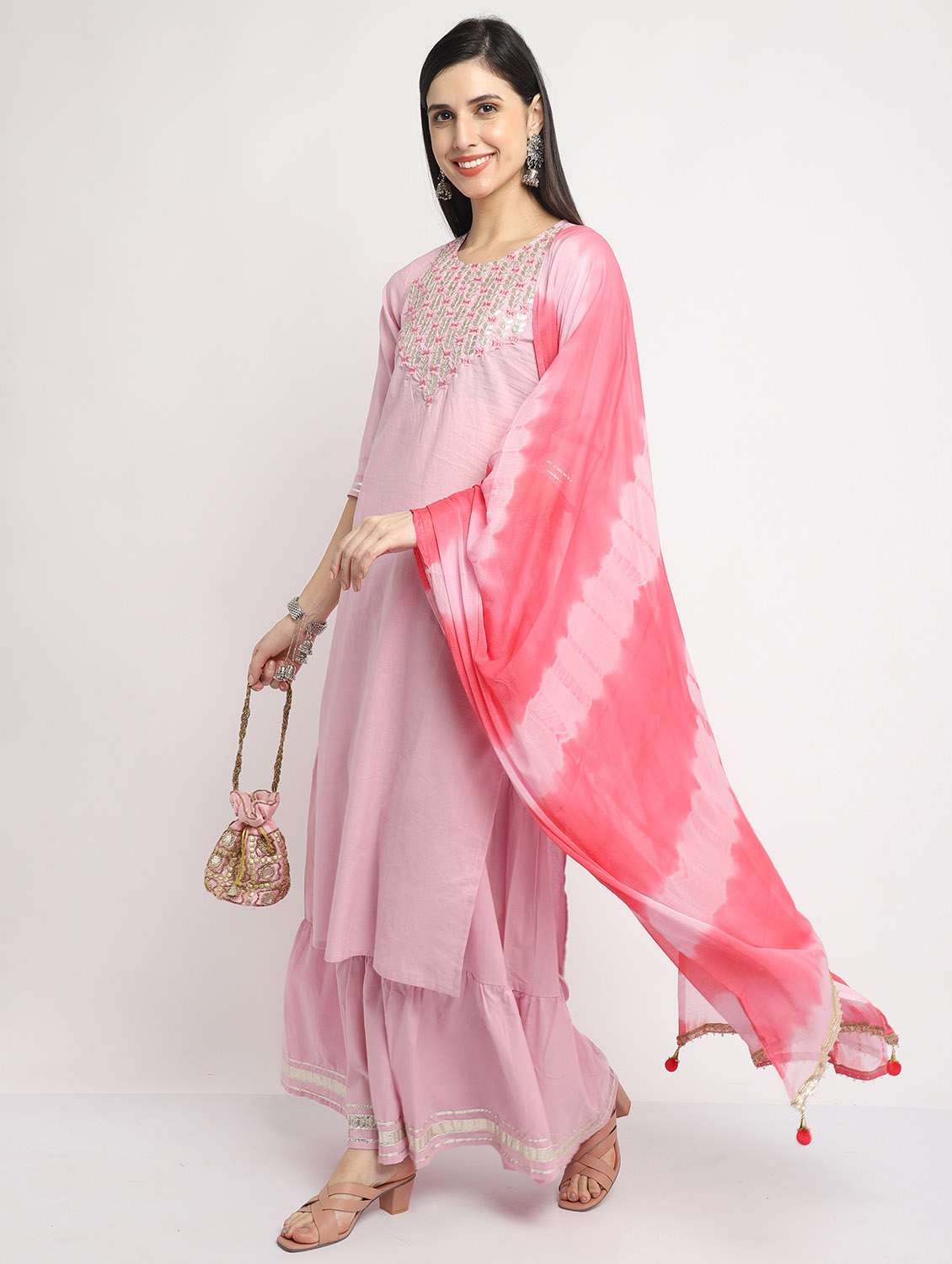 women three quarter sleeve kurta sharara with dupatta set - 21558588 - Standard Image - 4