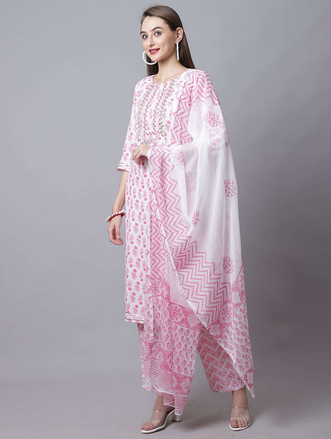 women three quarter sleeve kurta pant with dupatta set - 21558600 -  Standard Image - 1