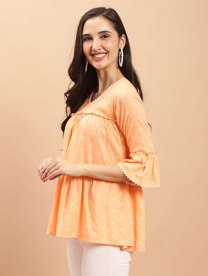 women orange printed bell sleeve tiered top - 21558642 -  Standard Image - 1
