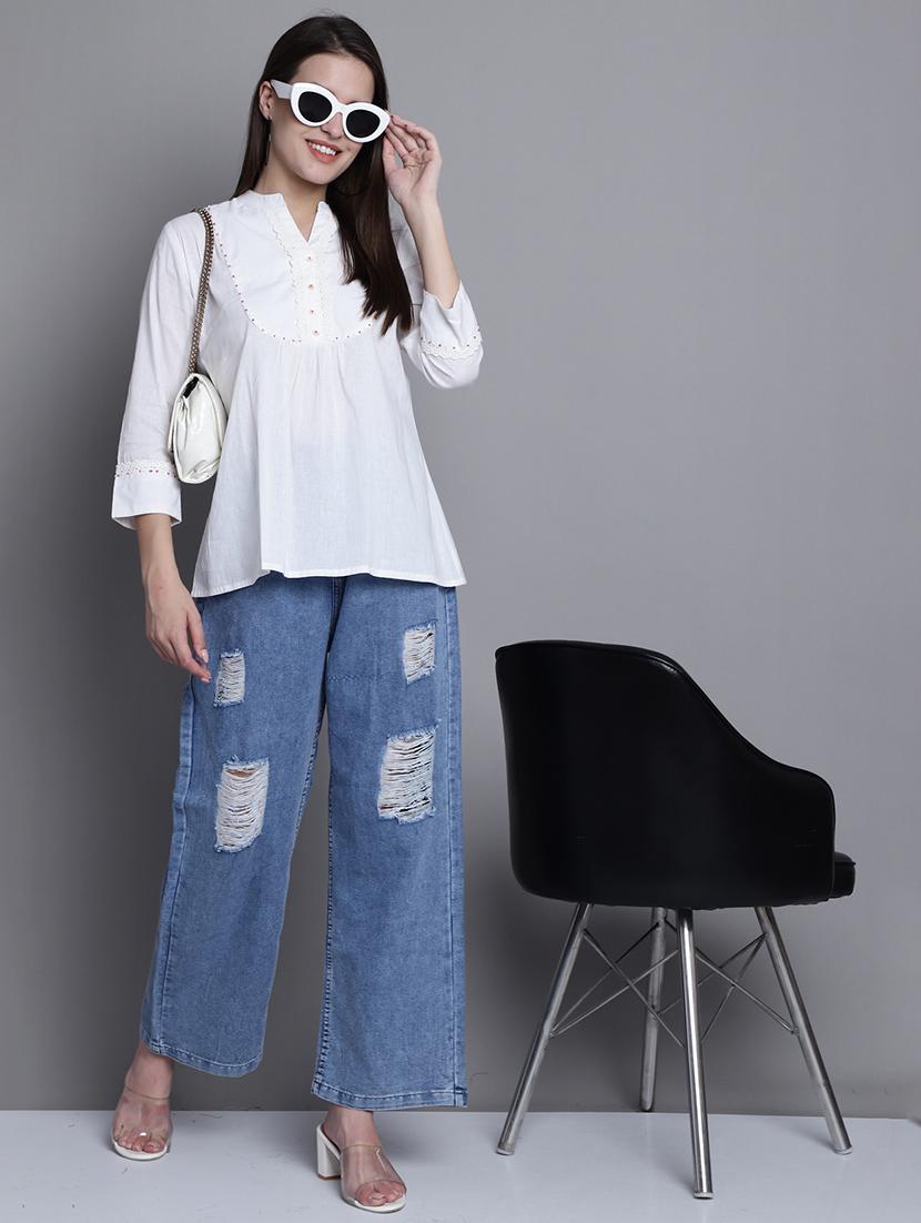women solid three quarter sleeves ethnic top - 21558650 - Standard Image - 4