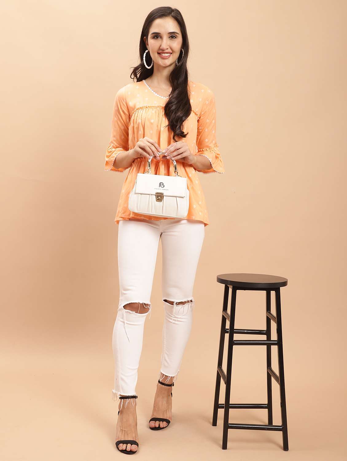 women orange printed bell sleeves tiered top - 21558656 -  Standard Image - 4