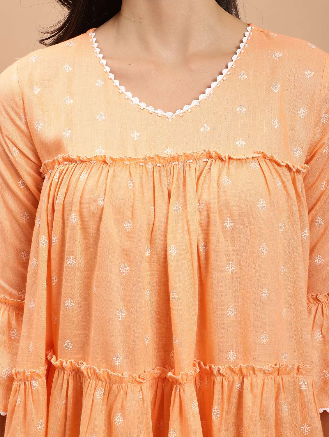 women orange printed bell sleeves tiered top - 21558656 -  Standard Image - 6