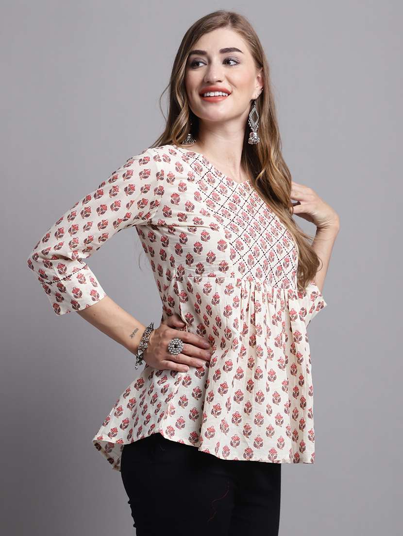 women floral printed round neck flared top - 21558658 -  Standard Image - 1