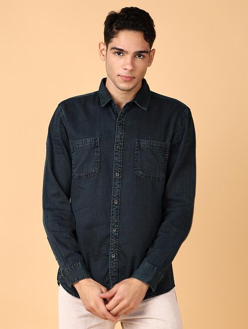 men solid blue denim casual shirt - 21558772 - Standard Image - 0