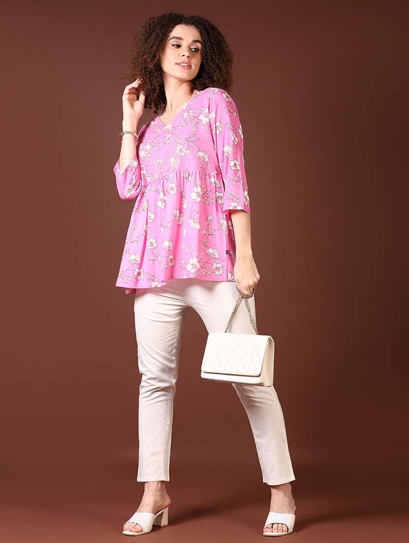 women pink floral printed flared top - 21558805 -  Standard Image - 4