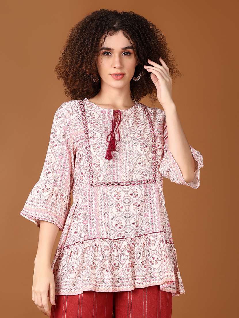 women floral printed tie-up neck flared kurti