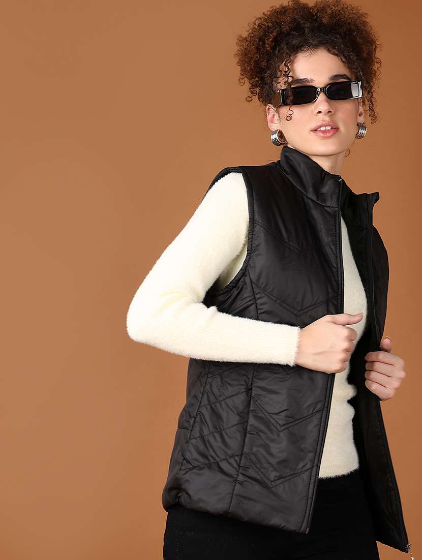 women black solid sleeveless quilted jacket - 21558840 -  Standard Image - 1