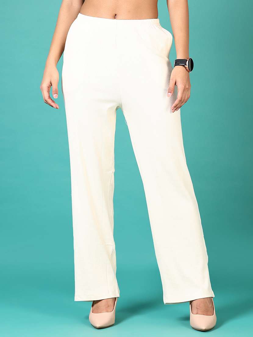 women solid mid rise wide leg trouser