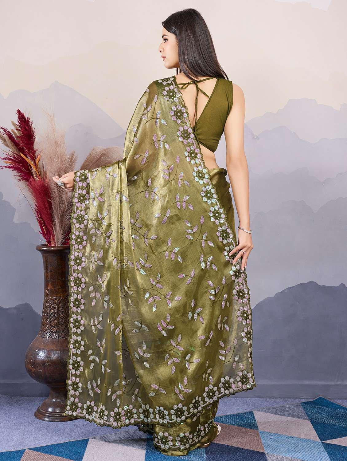 women olive embroidered saree with blouse - 21559090 -  Standard Image - 1