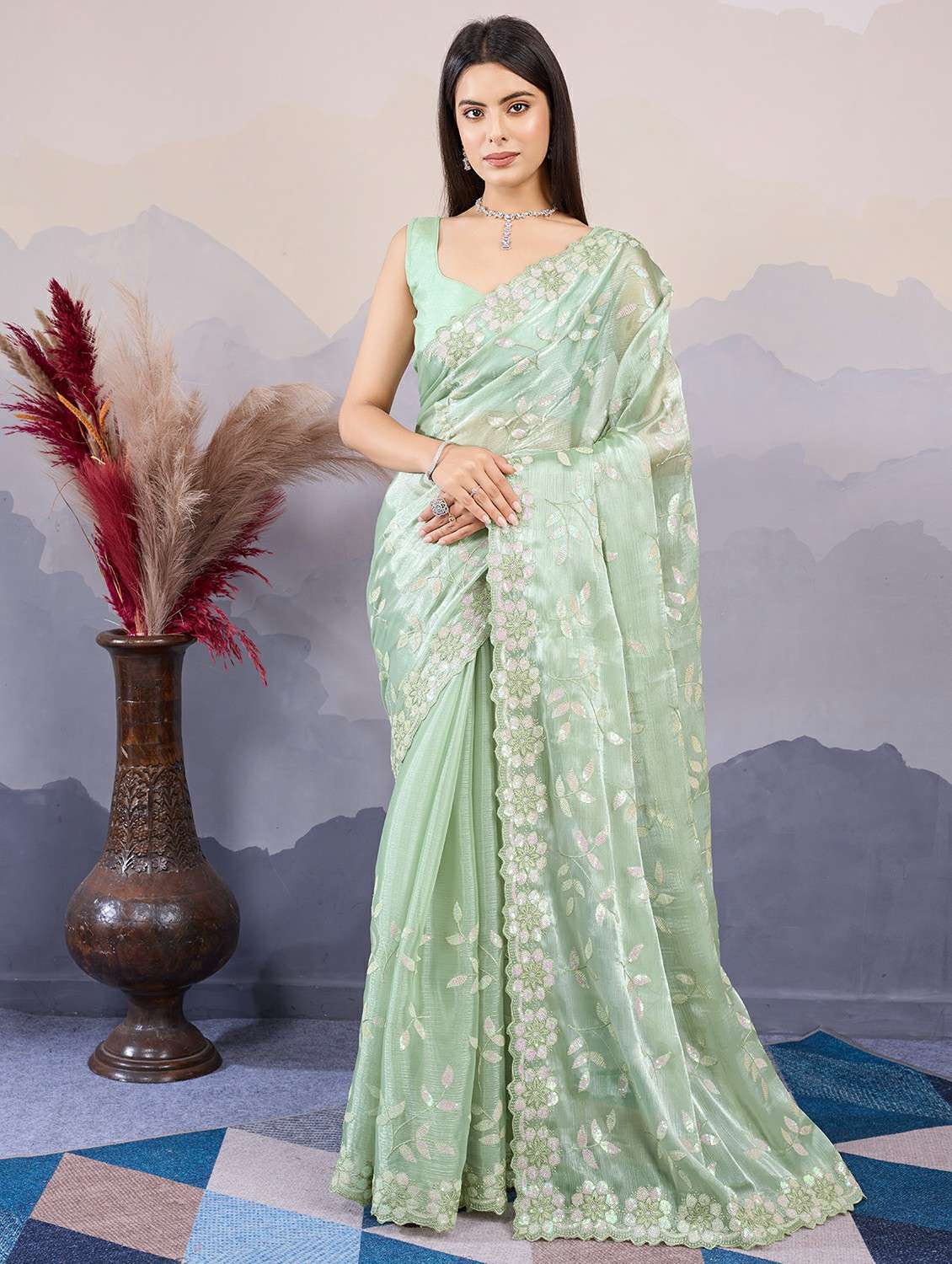 women neo mint embroidered saree