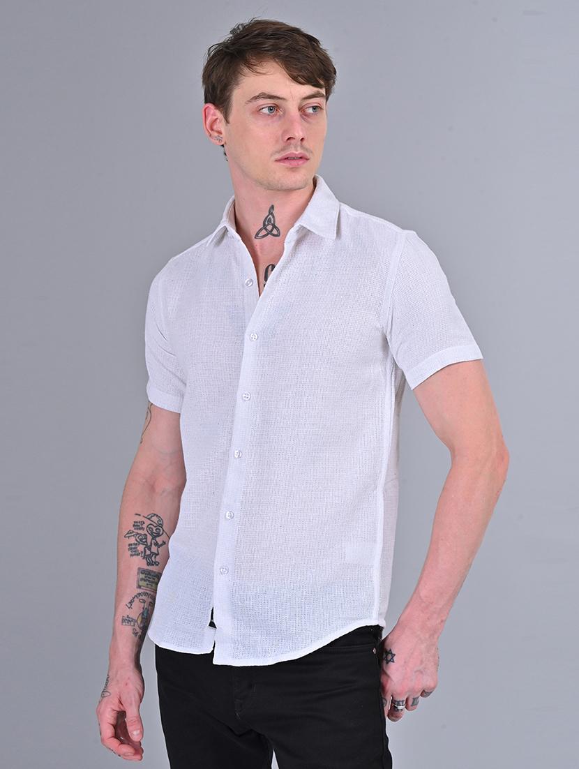 men slim fit solid short sleeves casual shirt - 21559131 -  Standard Image - 1