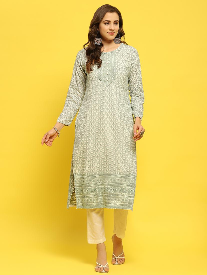women neo mint solid with work straight kurta - 21559345 - Zoom Image - 0