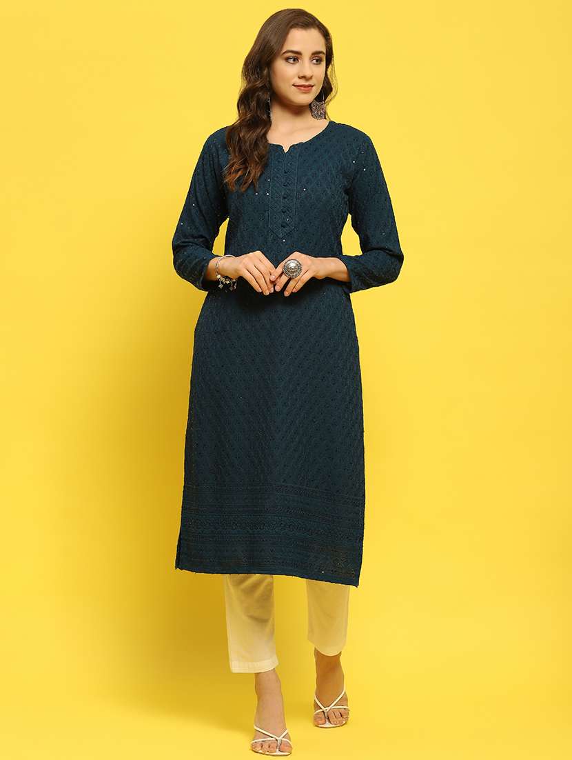 women teal solid with work straight kurta - 21559346 -  Standard Image - 1