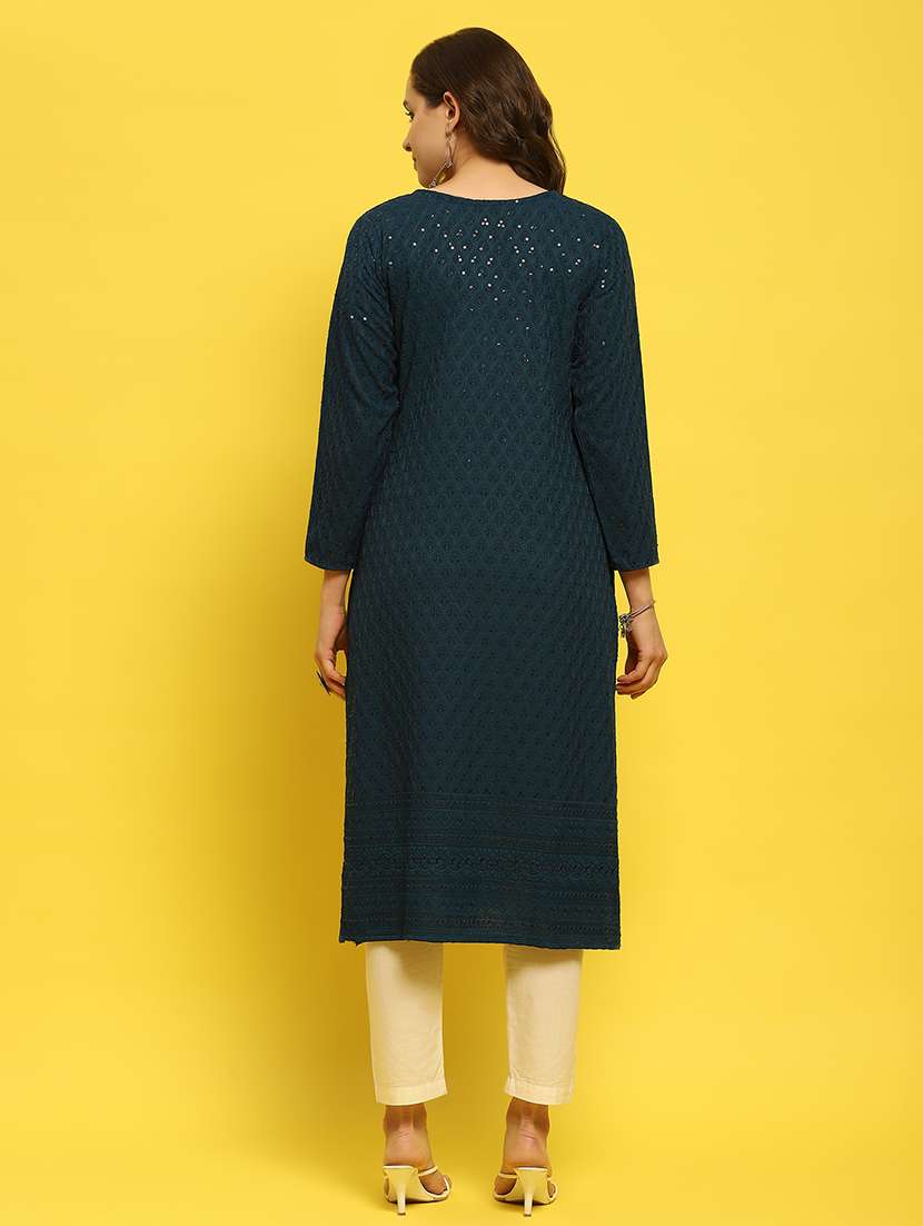 women teal solid with work straight kurta - 21559346 -  Standard Image - 4