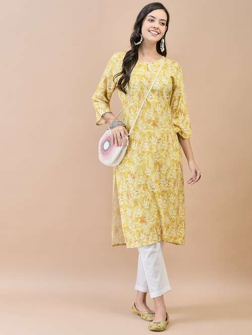 women mustard printed straight kurta - 21559348 -  Standard Image - 0