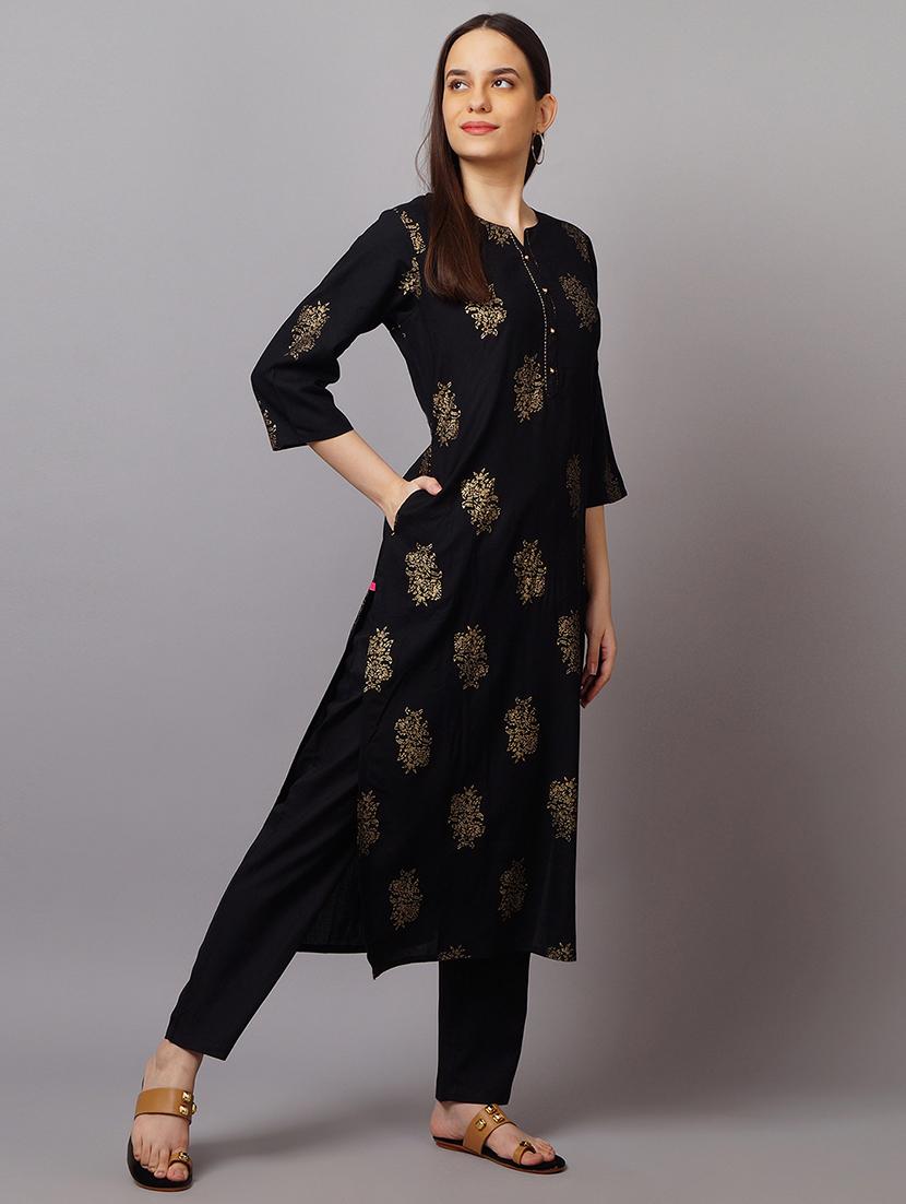 women black foil printed kurta pant set - 21559395 - Standard Image - 1