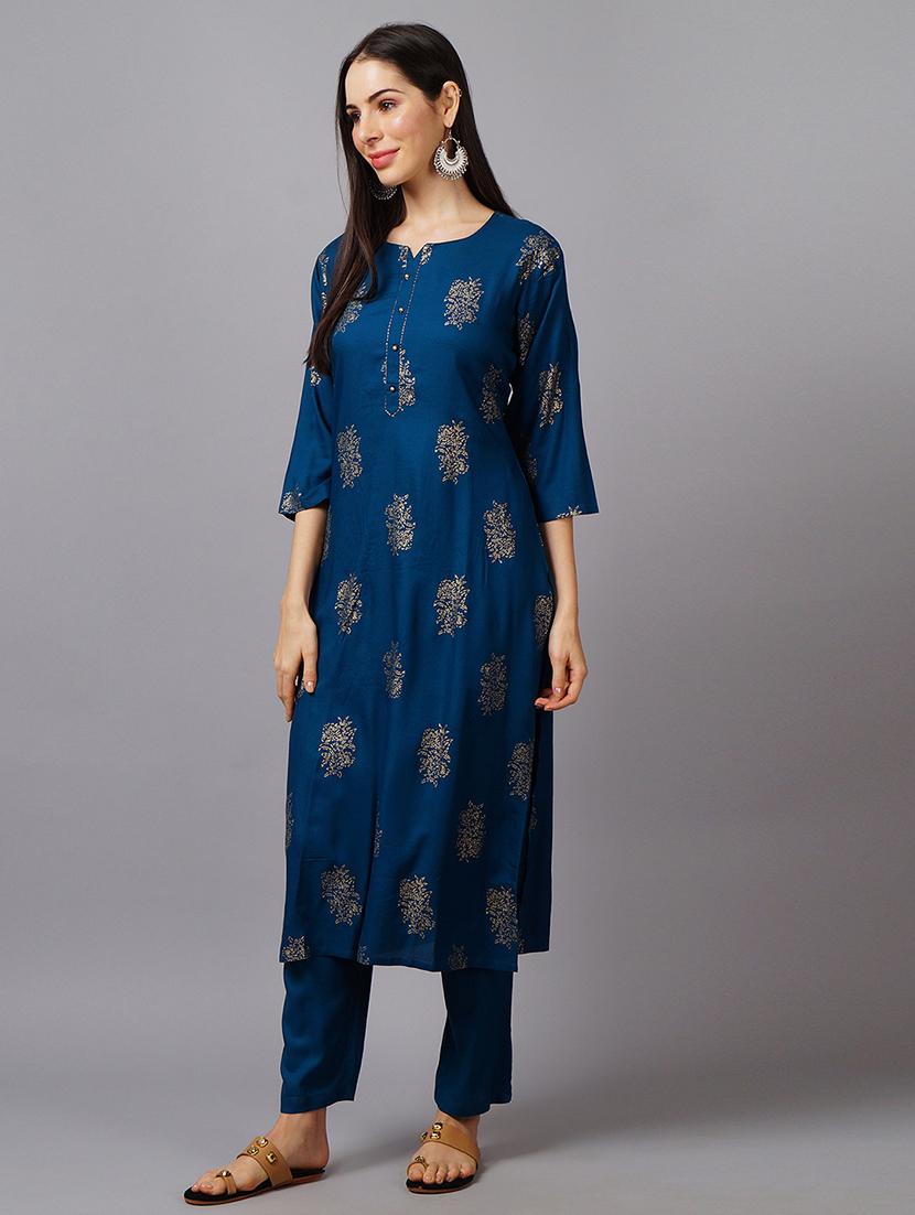 women foil printed three quarter sleeves kurta pant set - 21559396 - Standard Image - 1
