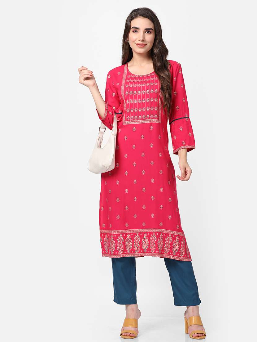women printed three quarter sleeves kurta pant set - 21559404 -  Standard Image - 1