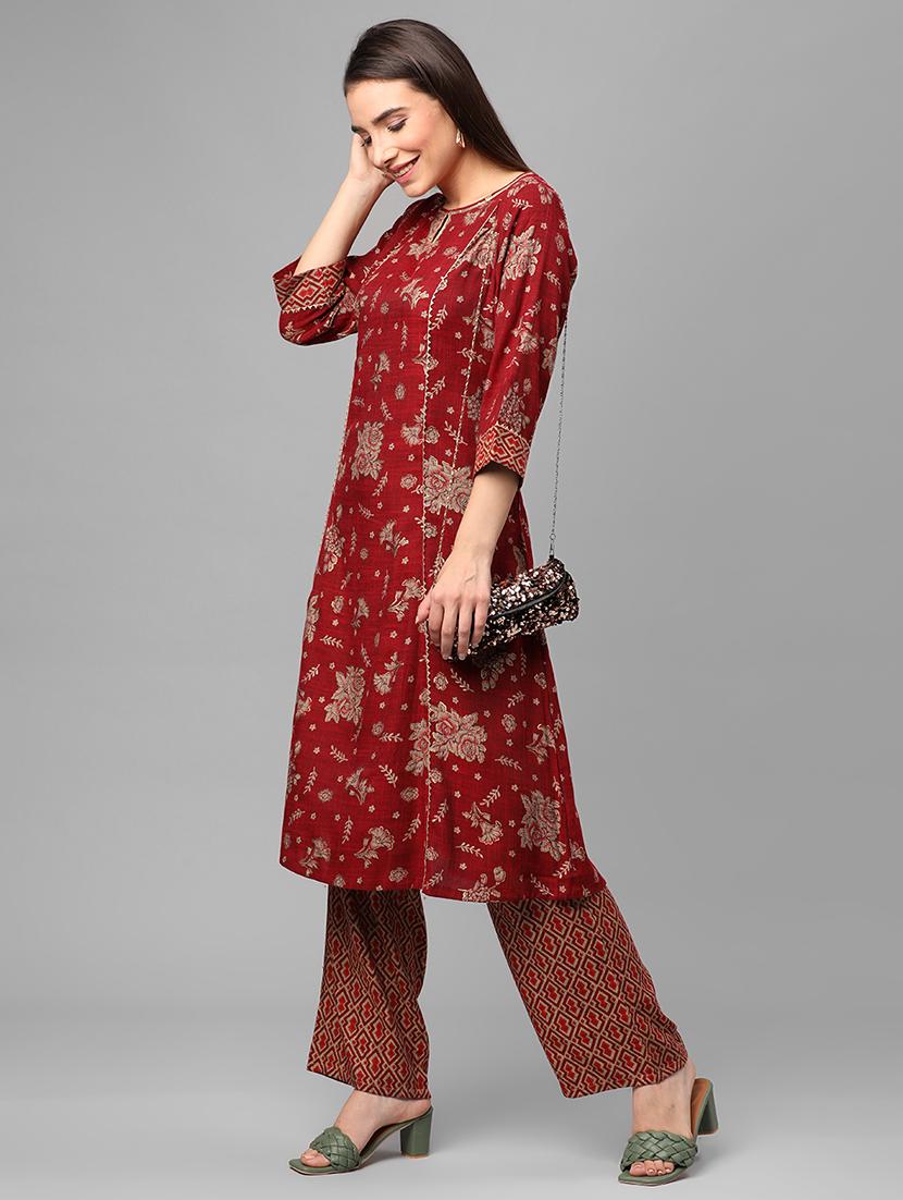 women maroon floral kurta pant set - 21559426 -  Standard Image - 1