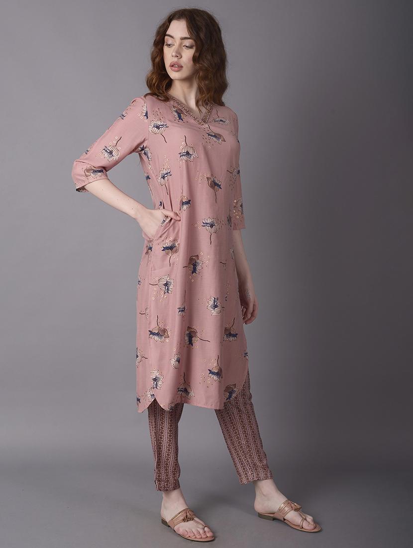 women peach floral printed kurta pant set - 21559436 - Standard Image - 1