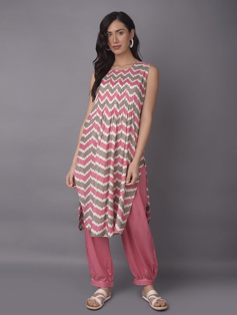 women pink chevron printed kurta salwar set - 21559440 - Standard Image - 1