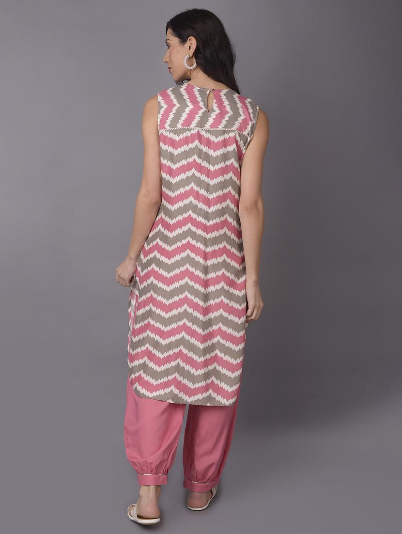 women pink chevron printed kurta salwar set - 21559440 - Standard Image - 4