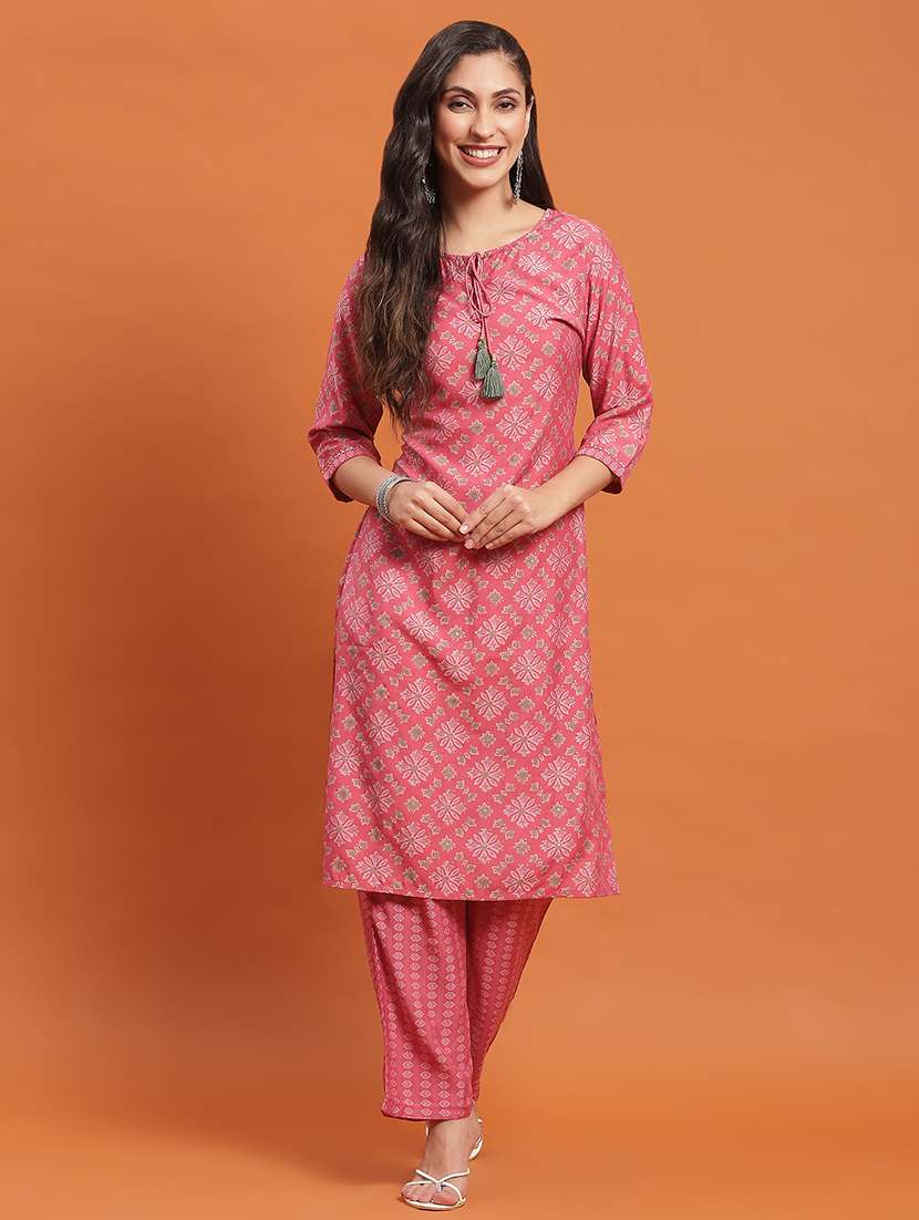 women pink printed tie-up neck kurta pant set - 21559464 -  Standard Image - 1