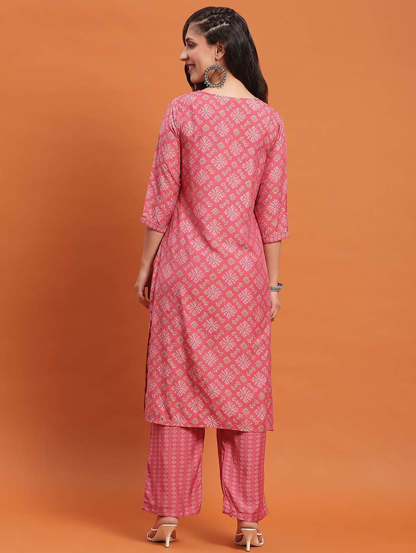 women pink printed tie-up neck kurta pant set - 21559464 -  Standard Image - 4