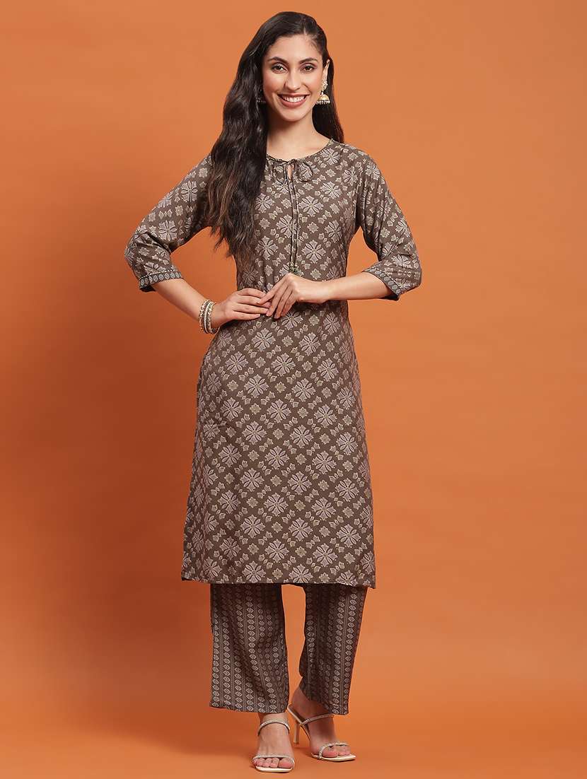 women brown printed tie-up neck kurta pant set - 21559465 -  Standard Image - 1