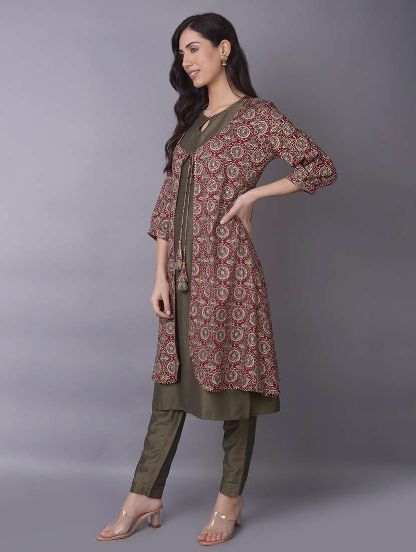 women olive solid kurta pant set with long shrug - 21559483 -  Standard Image - 1