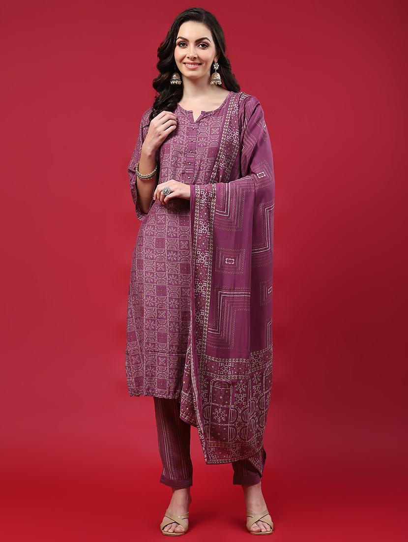 women printed three quarter sleeves suit set - 21559559 -  Standard Image - 1