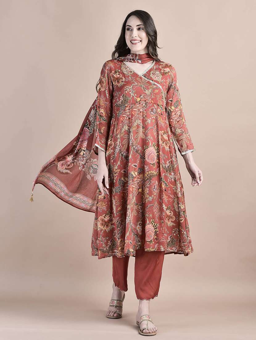 women rust long sleeve anarkali kurta pant with dupatta set