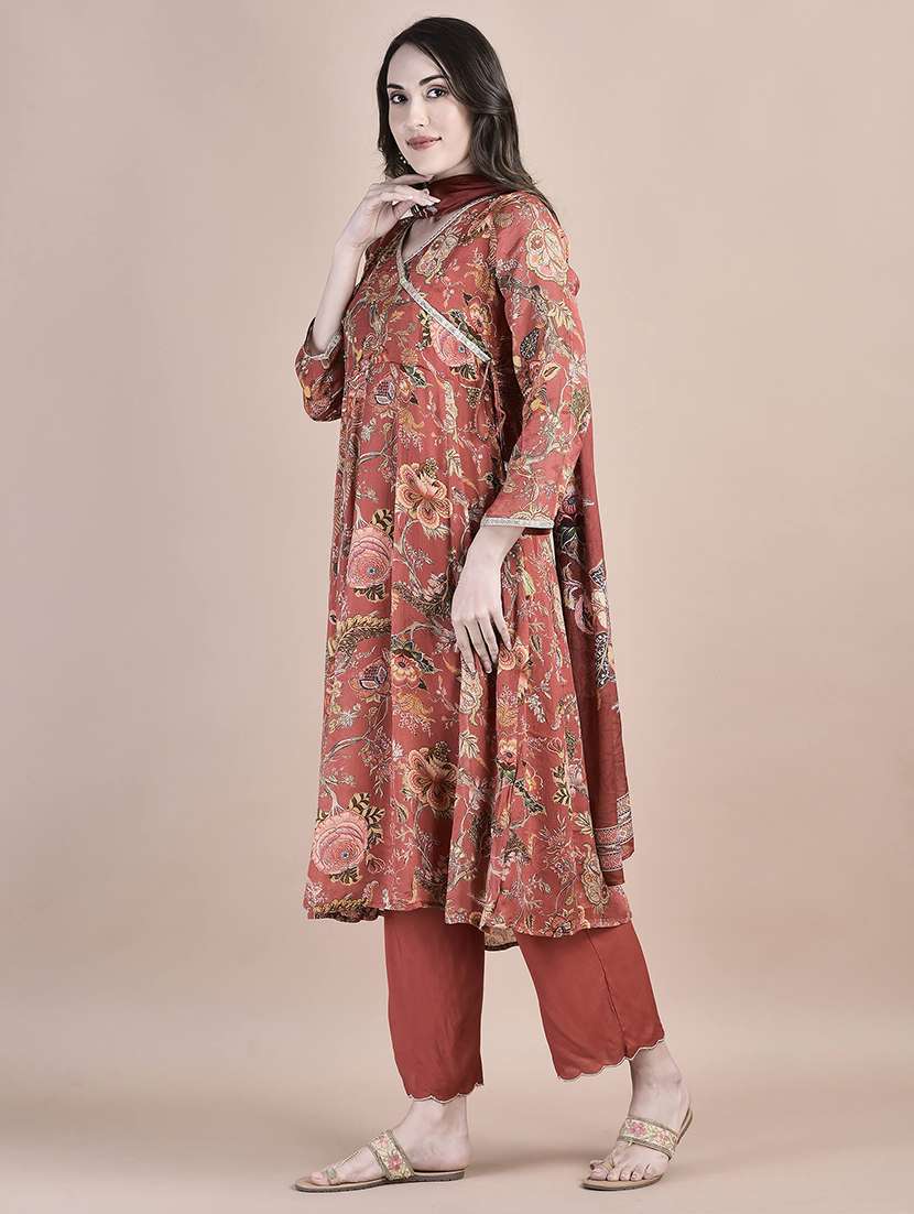 women rust long sleeve anarkali kurta pant with dupatta set - 21559600 -  Standard Image - 1