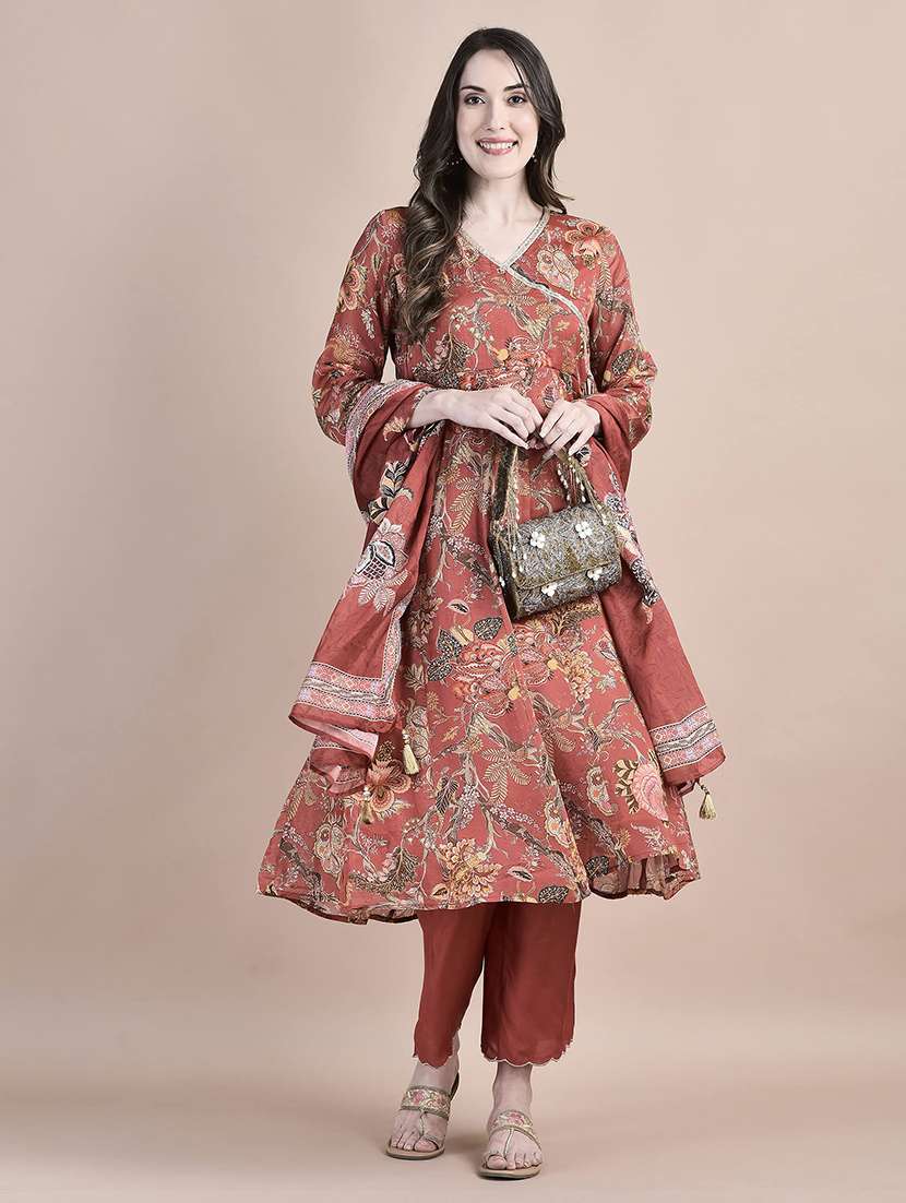 women rust long sleeve anarkali kurta pant with dupatta set - 21559600 -  Standard Image - 4