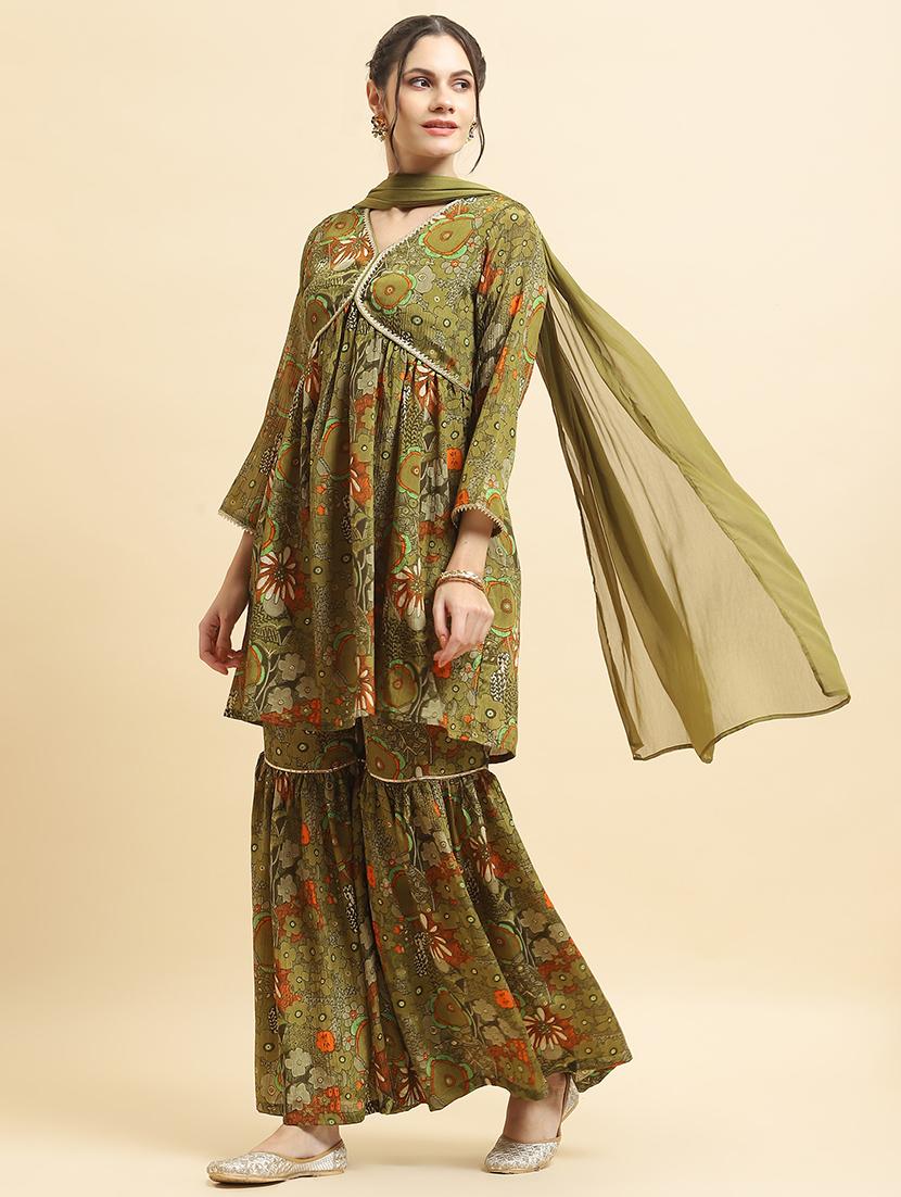 women three quarter sleeve kurta sharara with dupatta set - 21559610 - Standard Image - 1