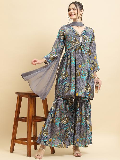 women three quarter sleeve kurta sharara with dupatta set - 21559612 - Standard Image - 0