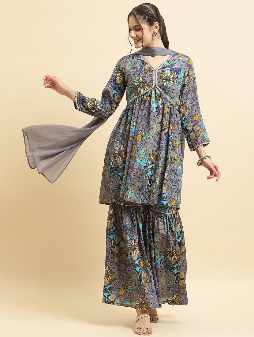 women three quarter sleeve kurta sharara with dupatta set - 21559612 - Standard Image - 1