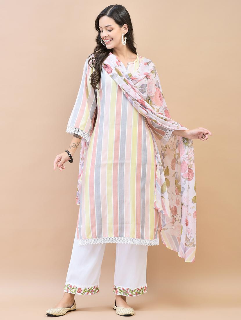 women stripes kurta pant with dupatta set - 21559625 -  Standard Image - 1