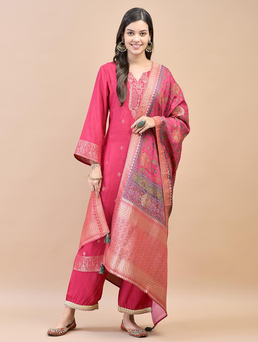 women pink self design kurta pant set with dupatta - 21559638 - Standard Image - 1